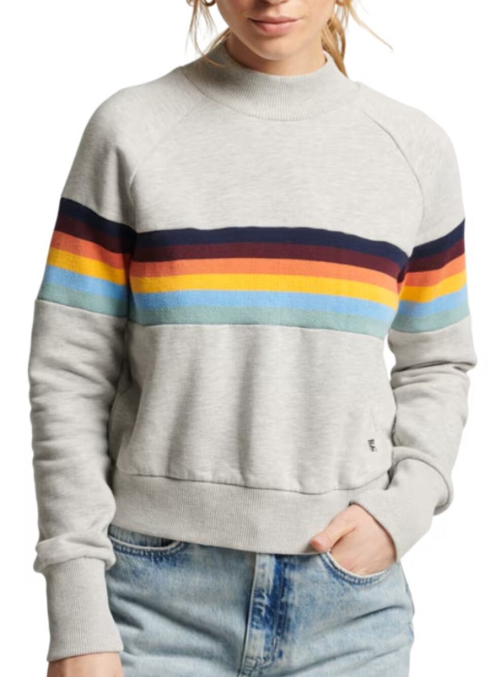 Superdry Grey Vintage Cali Stripe 70s Style Mock Neck Crew Sweatshirt Size 4